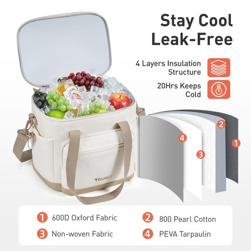 TOURIT Insulated Cooler Bag: 20 Cans Soft Portable Leakproof Lunch Cooler Beach Travel Picnic Camping Black