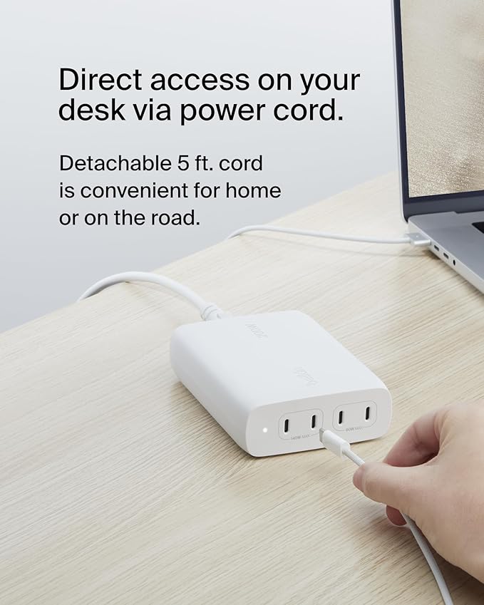 Belkin 4-Port USB C Charger Block 200W - GaN Multi-Port Charger USB-C PD 3.1 Fast Charge + 5ft Power Cord - MacBook, iPhone 16, iPad, Galaxy S25, Google Pixel, Nintendo Switch 2 - White