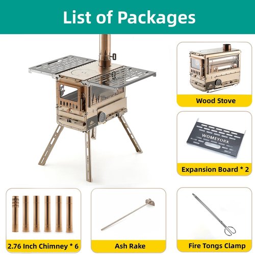 WomeYork Multi-Fuel Camp Stove with Baking Oven & Steel Chimney Pipe – Portable Tent Stove for Outdoor Shelter Heating, Cooking, and Wilderness Survival(Golden)
