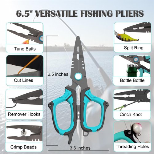 UEDGER Fishing Scissors Line Cutter - Saltwater Fishing Pliers Kit with Retractors, Serrated Blades for Braid Line, Multifunction Split Ring Pliers Hook Remover Tools Gifts for Fisherman