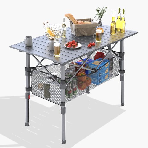 Portable Camping Table with Adjustable Height Legs, Lightweight Aluminum Roll-up beach tables for sand foldable，Folding Picnic Table Large Storage Basket for Outdoor camping (Black, Medium 37")