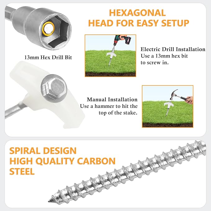 20 Pcs 8" Heavy Duty Screw-in Tent Stakes with Storage Bag, Glow-in-The-Dark Ground Anchor Peg, Metal Threaded Drillable Tent Stake for Camping Swing Canopies, with 1 Hex Nut Driver, Peg Puller