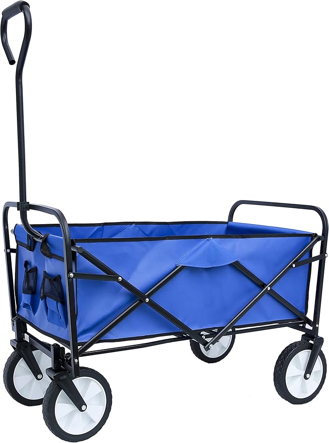 Collapsible Folding Wagon Garden Shopping Beach Cart,Heavy Duty Utility Buggy with Big Wheels,Adjustable Handle and Cup Holder,for Sand,Camping,Outdoor,40.55",Blue