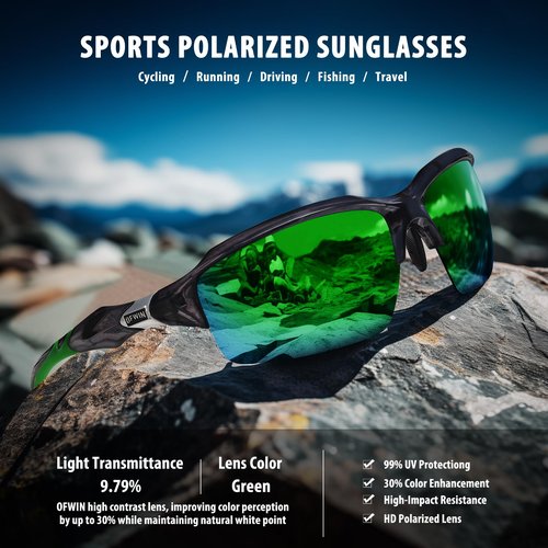 Ofwin Polarized Sports Sunglasses for Men Women Wrap Around Half Frame Cycling Fishing Bike Running Sun Glasses UV Protection Bright Clear Gray Frame/Green Mirror Lens