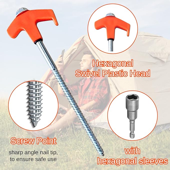 8" Screw in Tent Stakes - Ground Anchors Screw in, Screw in Tent Stakes Heavy Duty, Tent Pegs Camping Stakes, Metal Threaded Tent Spikes, Screw Tent Stakes with Hex Sleeves (12Pcs+Box Green)
