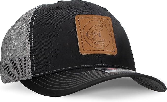 Leather Patch Hat for Men - Richardson 112 Trucker Hat w/Full-Grain Leather Patch, Laser-Engraved, Machine-Stitched