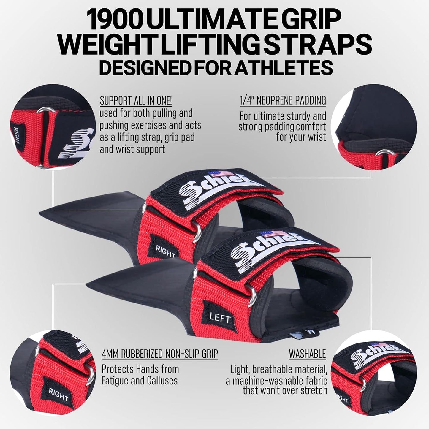 Schiek Sports 1900 Ultimate Hand Grip - 9 mm Thick Neoprene Grips for Weight Lifting - Ultra Durable Non Slip Secure Grip
