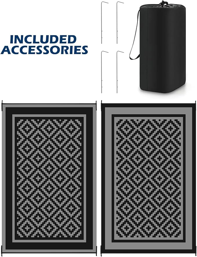 Kohree Outdoor Rug Waterproof 6x9 ft, RV Outdoor Plastic Straw Rug for Patios Clearance,Reversible Area Rug for Camping,Balcony,Deck,Black & Gray