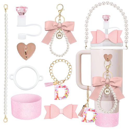 8Pcs Pink Stanley Cup Accessories Set for Stanley Cup 30&40 Oz Tumbler - Silicone Straw Cover Cap and Boot, Letter Charm for Handle, Bow Straw and Charm Decoration, Pearl Water Bottle Handle Strap(D)