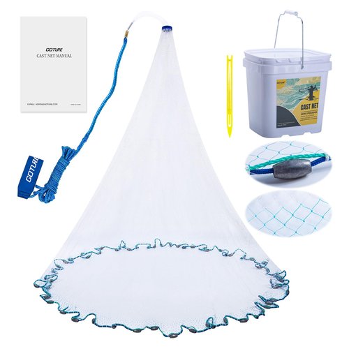 Goture American Fishing Cast Net Saltwater Freshwater, Heavy Duty Sinker, Dual Color Double Selvage, Increased Cast Net Area, 3/8 Mesh Fish Throw Cast Net with Needle for Shrimp Trap, 6Ft Radius