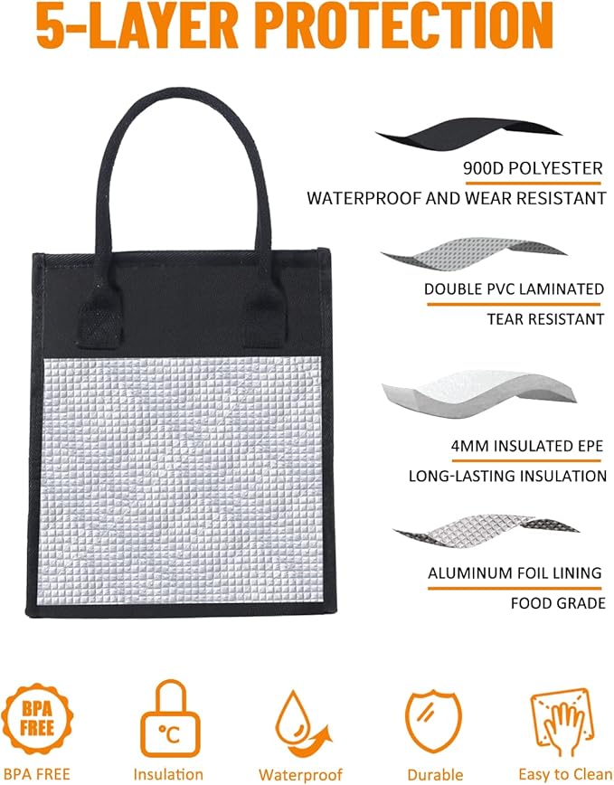 Fmeida Insulated Lunch Bag - Thermal Black with Side & Interior Pockets, Reusable Adult Lunch Tote for Women, Men, Office, Work, College, Beach, Travel