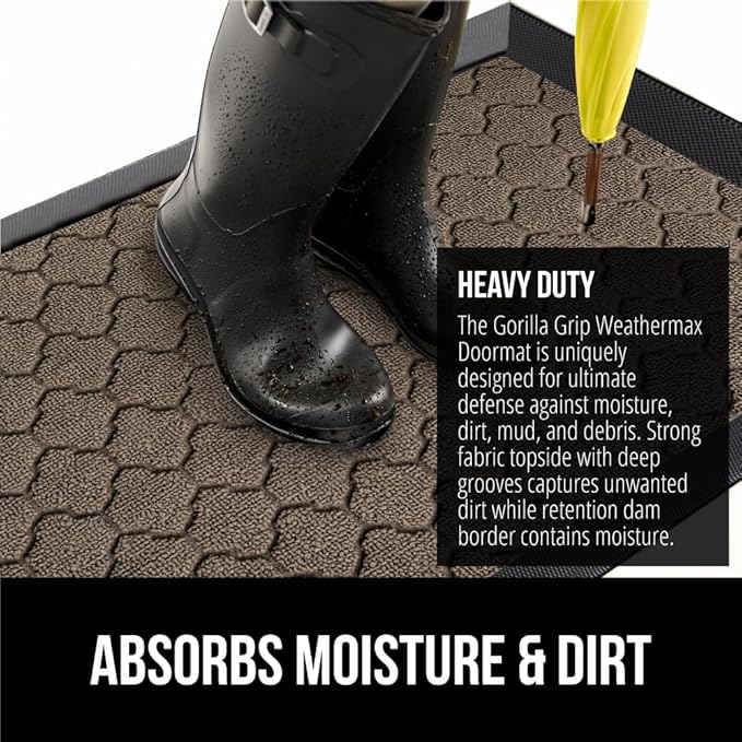 GORILLA GRIP 100% Waterproof All-Season WeatherMax Doormat, 47x35, Durable Natural Rubber, Stain and Fade Resistant, Low Profile, Indoor Outdoor Doormats, Easy Clean Patio Entry Mat, Latte Quatrefoil