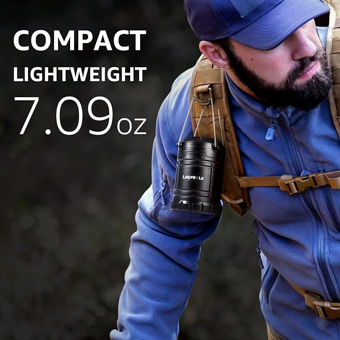 Lepro LED Camping Lantern, Super Bright, Battery Powered, IPX4 Water Resistant, Portable Emergency Lights for Hurricane, Storms, Outages, Collapsible, 2 Packs