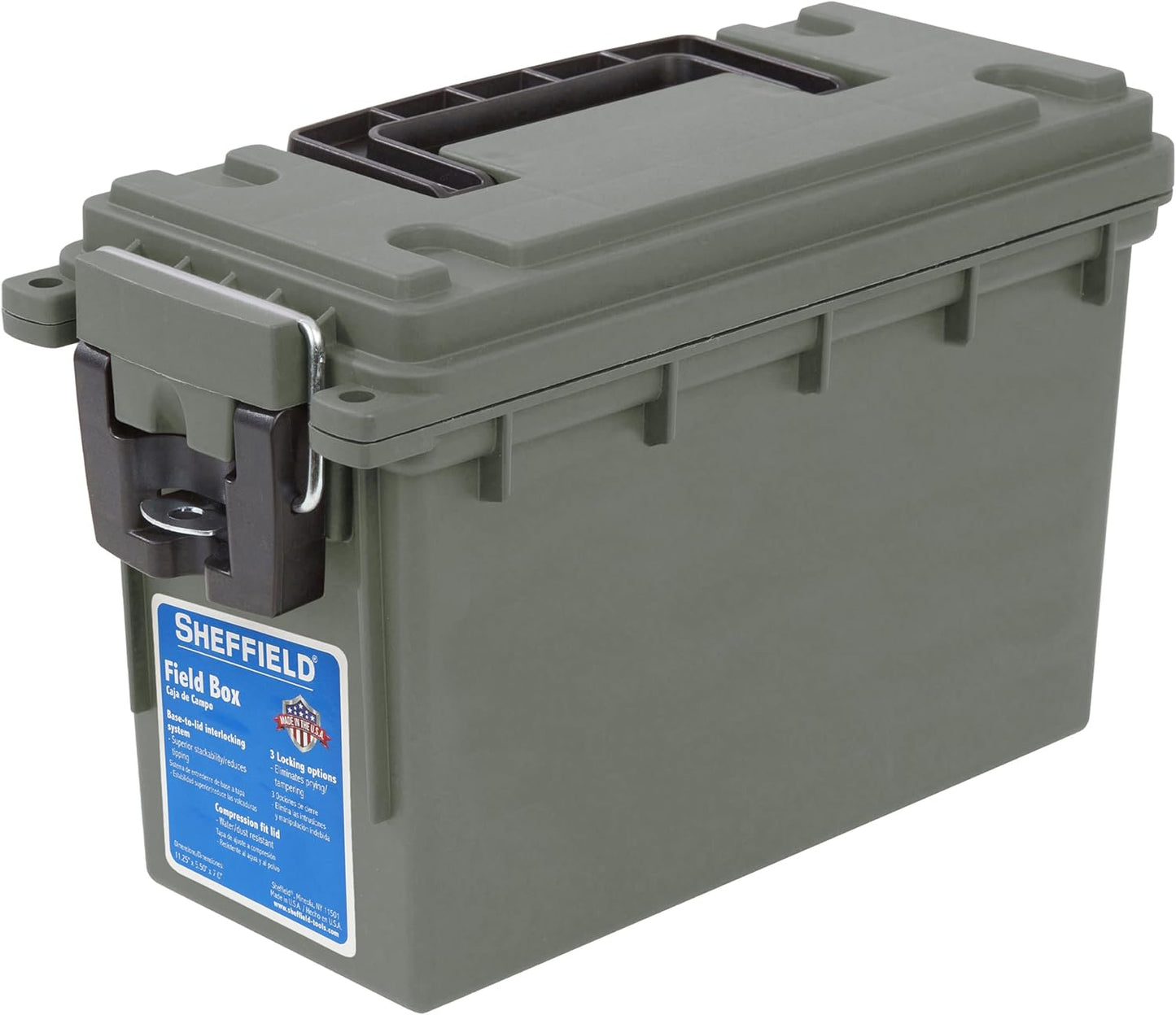 Sheffield 12629 Ammo Storage Box, Stackable .30 Cal Field Boxes, Water and Dust Resistant, Lockable Storage Box with Handle, Secures Hunting Gear, Supplies, and Bullets, Made in USA, Black, 1-Pack