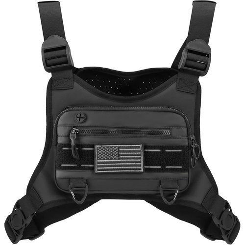 Chest Bag For Men, Water Resistant Sport Chest Pack - Lightweight Running Vest Bag with Built-In Phone Holder & Extra Storage, Minimalist Pack for Workouts and Cycling (Black)