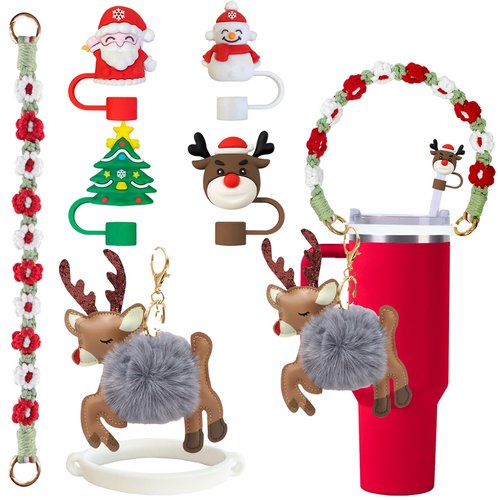 Christmas Stanley Cup Accessories Set,Water Bottle Handle Strap for Stanley 30/40 oz tumbler with handle,10mm Christmas Straw Toppers,Keychain Charms (reindeer)