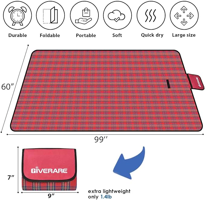GIVERARE Picnic Beach Blanket, 99x60in XL Sandfree Waterproof Outdoor Camping Blankets, Quick Drying Family Mat, Portable Extra Large Mats for Travel, Hiking, Music Festival, Lawn-Red