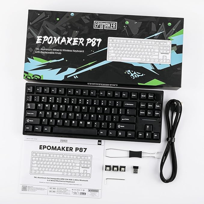 EPOMAKER P87 TKL Aluminum Wireless Gaming Keyboard, QMK/VIA Programmable, 87% Bluetooth/2.4Ghz/USB-C, with CNC Metal Knob and RGB Backlight (Black, Wisteria Tactile Switch)