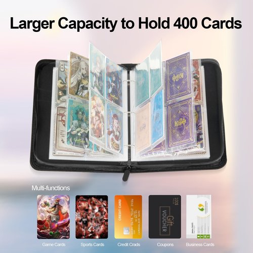 Collectible Trading Card Albums,4 Pocket Card Binder, 400 Double Sided Pocket PU Premium Zip Trading Collection Binder, Card Folder forTCG, Sports Cards (Black)