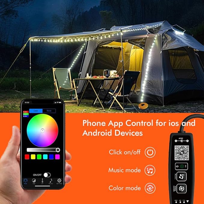 Camping Lights String,Tape Tent Lights RGB with 100 Modes Music Sync Color Changing APP Control Waterproof 13/26 FT ,Led Camping Lantern Retractable for Emergency Yard Camping Decoration (13 Ft)