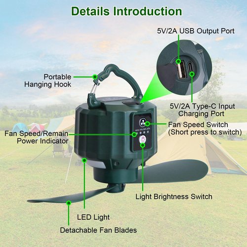 Tent Ceiling Fan for Camping,5200mAh USB Battery Operated Portable Camping Fan Hanging Tent Lantern Fan with 3 LED Light Brightness 3 Fan Speed Smart Timer Remote Control for Outdoor Tent Canopy,RV