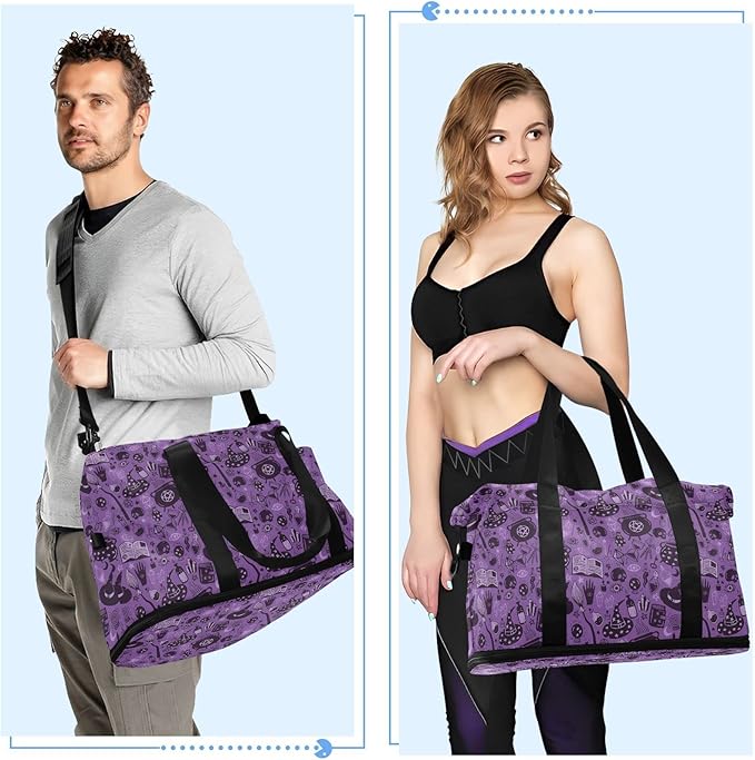 Halloween Witch Sports Gym Bag with Waterproof Dry Wet Pocket, Travel Duffel Bag for Women Men，Workout Bag Fits Yoga, Swimming