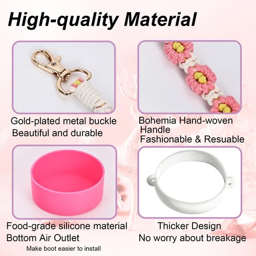 Accessories Set for Owala Water Bottle 24 oz 32 oz 40 oz, Anti-slip Silione Boot, Hand-woven Water Bottle Handle Strap and Keychain Charm included, Compatible with Owala freesip