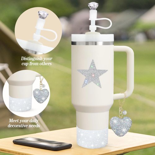 Etyishe 8 Pcs Cup Accessories Set for Cup 40&30oz,Including Diamond Straw Cover,Glitter Silicone Boot,Glitter Heart Charms for Handle and 5pcs Rhinestone Star Stickers for Tumblers(Silver)