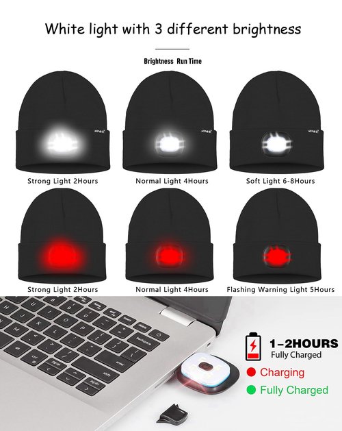 ATNKE LED Lighted Beanie Hat,USB Rechargeable 8 LED Red Glow Flashing Alarm Running Headlamp Cap Gifts for Men and Women/#Black