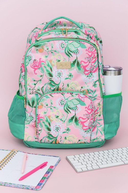 Lilly Pulitzer Large Backpack with Pockets, Adjustable Strap, and Handle, Large Bookbag for Work and Travel, Via Amore Spritzer