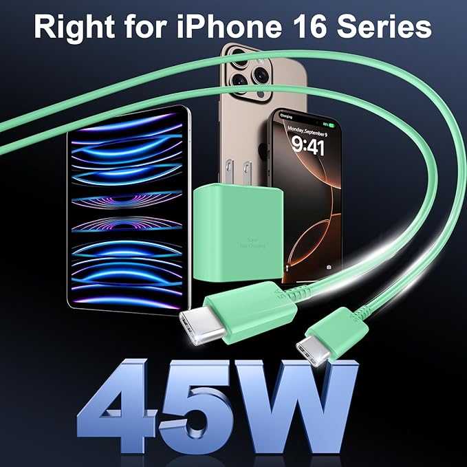 Phone 16 Pro Max Charger Fast Charging, 45W USB C Phone 16 Super Fast Charger Block with 10ft Long Type C Charging Cable Cord for Phone 16/16 Pro/16 Pro Max/16 Plus, 15/15 Pro Max/Pro/Plus Green