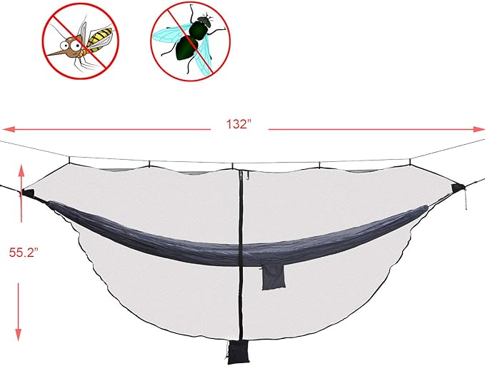 Mosquito net for Camping Hammock, Compact Lightweight Hammock Netting, 12' Long with Dual Sides Zippers Fits All Camping Hammocks