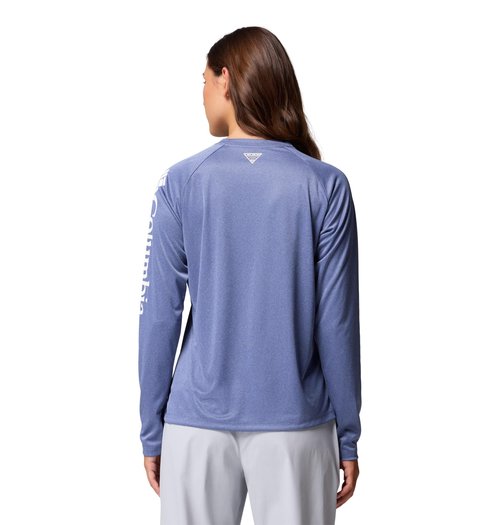 Columbia Womens PFG Tidal Tee II Long Sleeve Sun Protection Shirt, Bluebell Heather/White Logo, XX-Large
