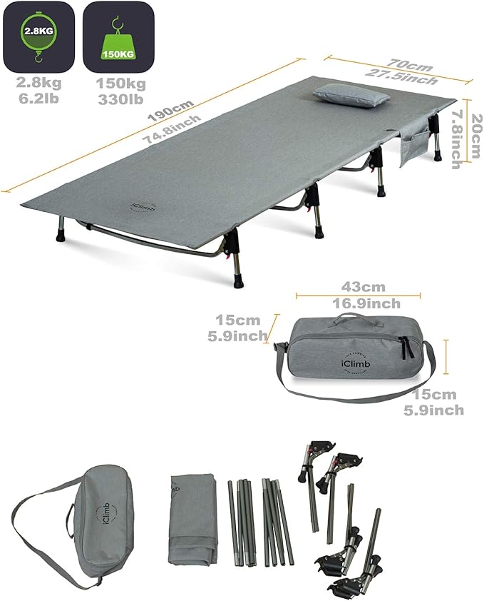 iClimb Super Easy Assemble Folding Cot Ultralight Compact Heavy Duty with Carry Bag for Adults Camping Backpacking (Brown)