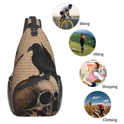 PVTIONXIE Edgar Allan Poe The Raven Skull Crossbody Chest Bags for Women, Small Crossbody Shoulder Bag Sling Bag Travel Hiking Daypack