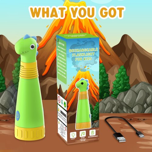 AUKSKY Rechargeable Dinosaur Flashlight with Roar for Kids, Kids Flashlight Camping Gear Handheld Flashlight for Kids, Halloween Christmas Lights for Boys Girls, Dino Kid Lantern