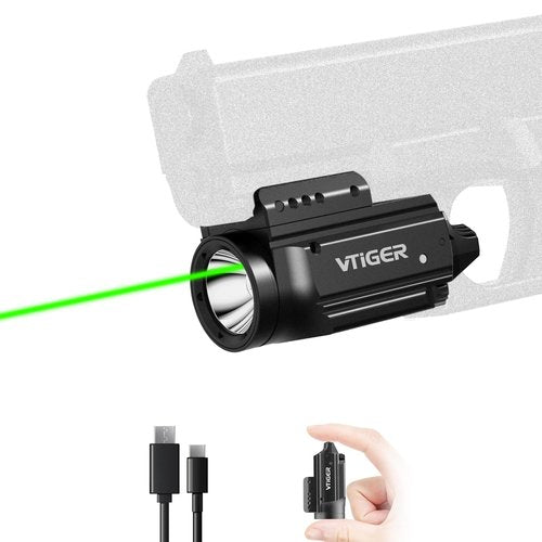 VTIGER 1000 Lumen Powerful Compact Pistol Light, Adjustable Rail Mounted Mini Weapon Light with Green Beam Sight Combo, Small Rechargeable LED Tactical Flashlights for Picatinny 1913/GL/Weaver