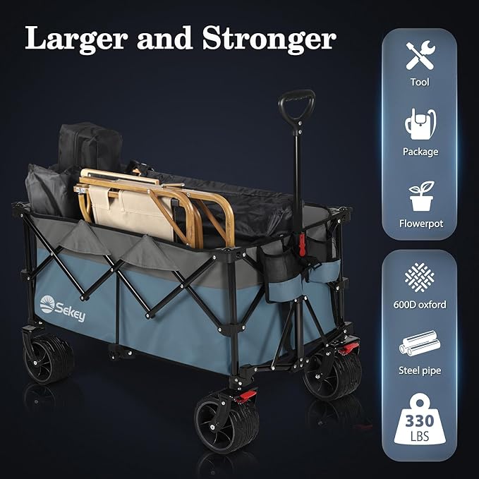 Sekey 220L Collapsible Foldable Wagon with 330lbs Weight Capacity, Heavy Duty Folding Utility Garden Cart with Big All-Terrain Beach Wheels & Drink Holders. Blue & Gray