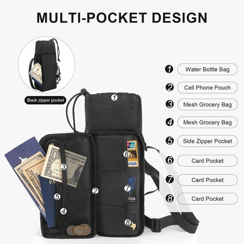 Bagenerous Gym Magnetic Water Bottle Holder with Adjustable Shoulder Strap and Phone Pocket,Holds 30/40oz Bottle Sleeve with Handle/Handleless,7 Card Pockets,Black