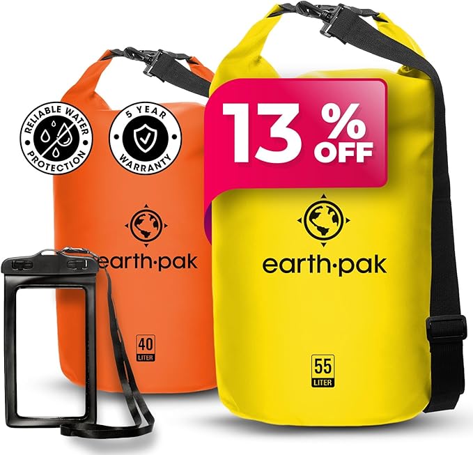 Earth Pak Waterproof Dry Bag - Roll Top Waterproof Backpack Sack (Orange 55L & Yellow 55L)
