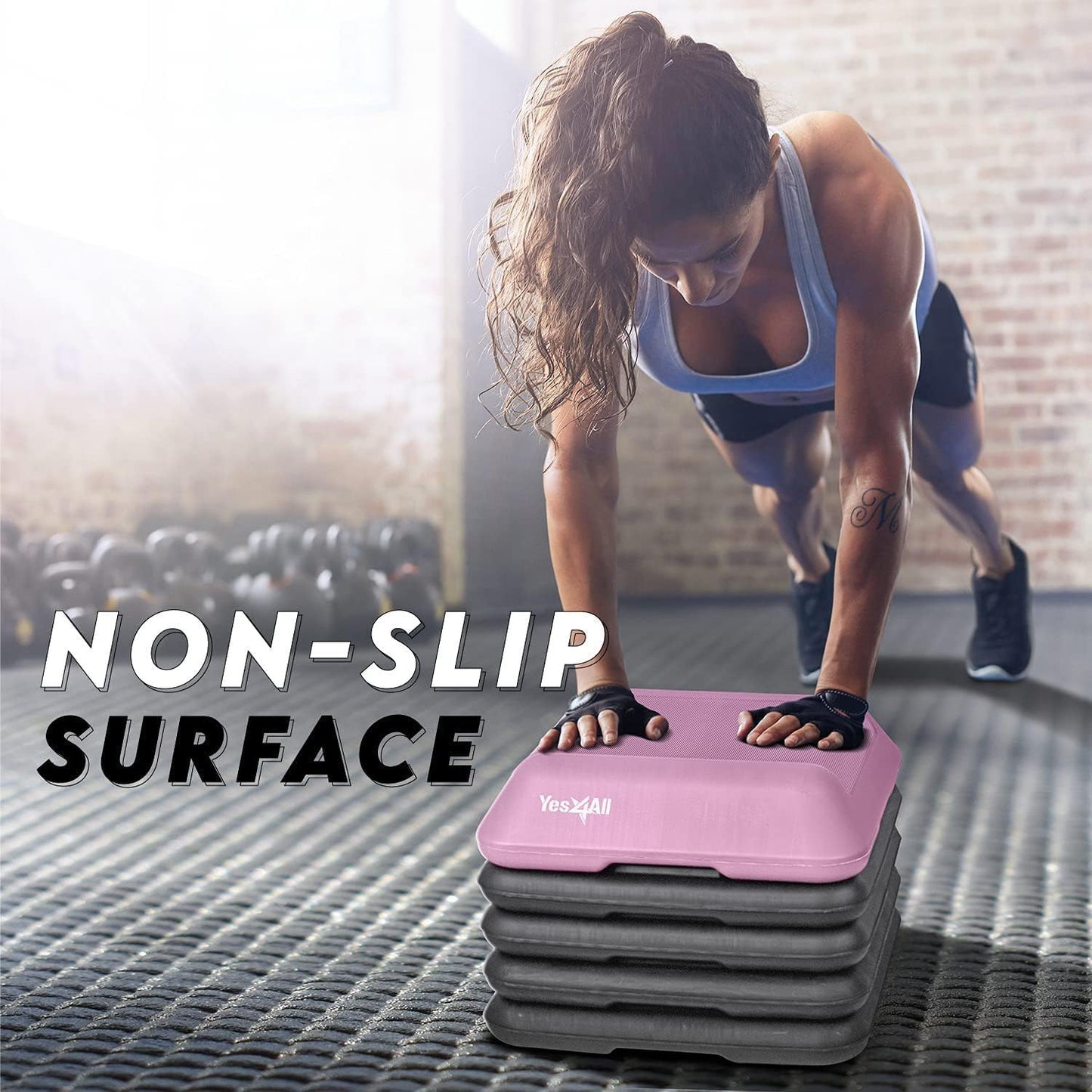 Yes4All 16"x16" Adjustable High Step Aerobic Platform with 4 Risers, Height-Adjustable 4"-6''-8''-10''-12" Step Aerobics Platform for Home Gym Exercise Fitness Workout