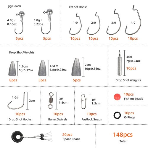 Fishing Accessories Kit, Fishing Set with Tackle Box, Fishing Hooks, Weights, Jig Heads, O-Rings, Barrel Swivels, Fastlock Snaps, Fishing Beads, Space Beans - Freshwater & Saltwater Fishing