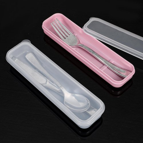 Tyqour 3PCS Portable Flatware Box Plastic, Simple Travel Tableware Storage Case, Reusable Utensil Container for Lunch Box for Cutlery Kit Pink, Blue,Transparent