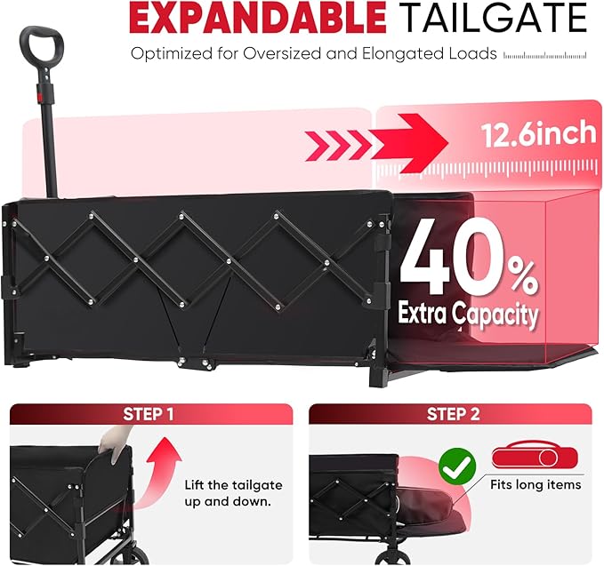 Collapsible Wagon Cart 226.8L - Extra Long Utility Foldable Wagon with Tailgate, Brakes, Anti-Rebounding Handler & 2 Cup Holders, for Groceries, Camping, Shopping, Garden - Sekey& Sunula Black