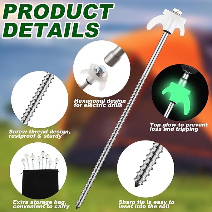JaGely 40 Pcs 12 Inch Tent Stakes Heavy Duty Ground Anchors Metal Threaded Tent Spikes Non Rust Camping Stake Tent Pegs Screw with Hex Head Driver for Camping Yard Decor Outdoor (Luminous White)