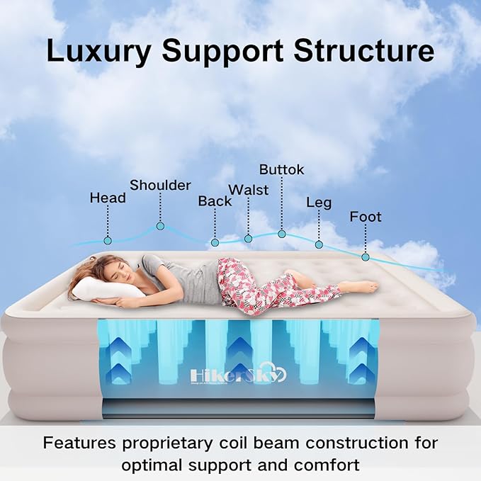 Full Size Air Mattress with Built in Pump, Air Bed with Portable Storage Bag, 18'' Blow up Mattress Suitable for Home and Guests, Top Flocking, 18" Full Khaki