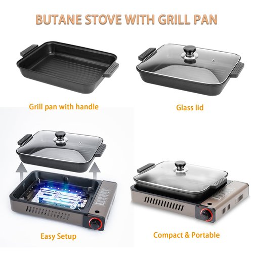 ONLYFIRE Butane Stove with Grill Pan, Portable Stove with Small Griddle & Lid, Camping Stove Instant Ignition, Camp Stove for Cooking, Patio Backyard, Camping, RV and Emergency Use, GS349
