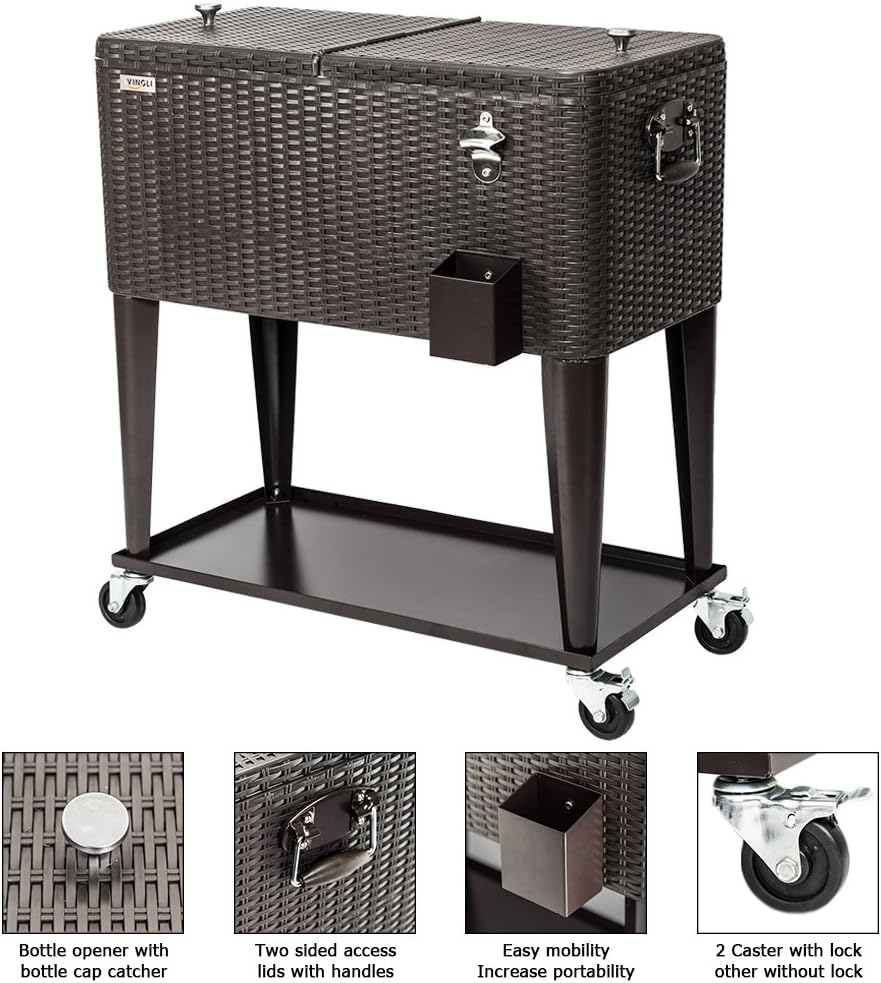 VINGLI 80 Quart Rolling Ice Chest on Wheels, Portable Patio Party Bar Drink Cooler Cart, Wicker PP Rattan with Shelf, Beverage Pool with Bottle Opener