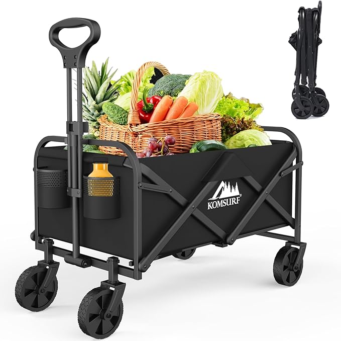 Foldable Utility Wagons Folding Cart on Wheels, Lightweight Portable Folding Utility with 200 lbs Capacity with Side Pockets for Grocery Shopping Cart for Grocery Sports Garden Camping