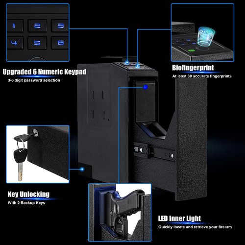 LMRSTOO Biometric Gun Safe for Handgun,Fingerprint Bedside Gun Safe, PIN Code, KEY Access,Upgrade 6 Numeric Buttons,Electric Quantity Display,Emergency Charging Port(Bateries is not include)